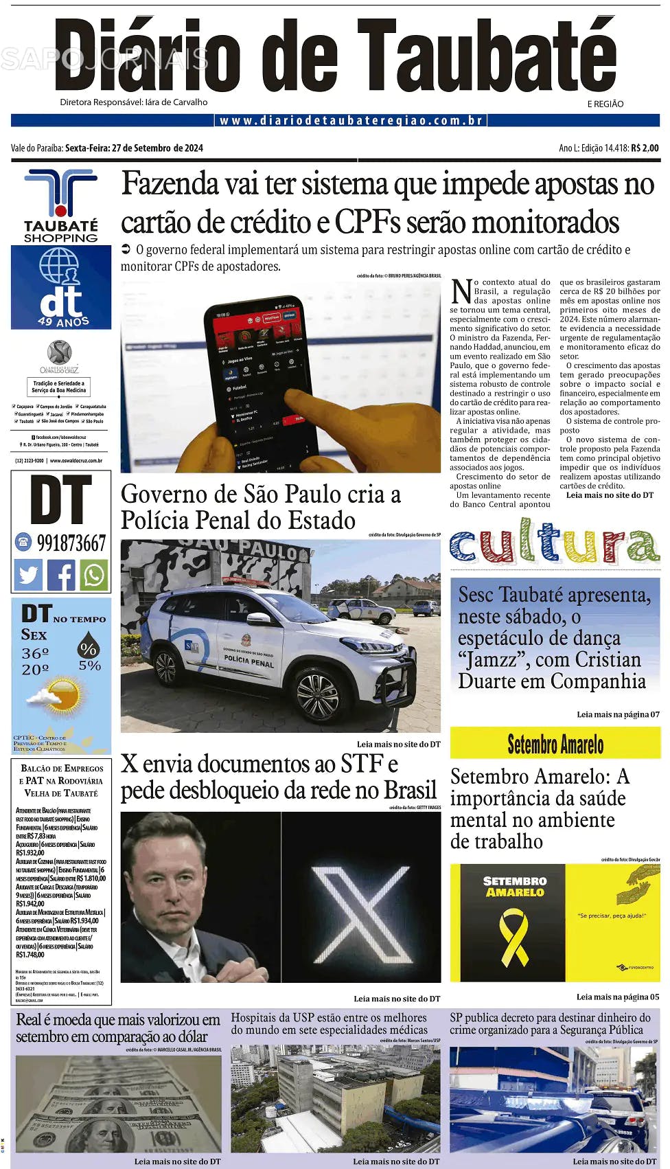 Capa Diário de Taubaté