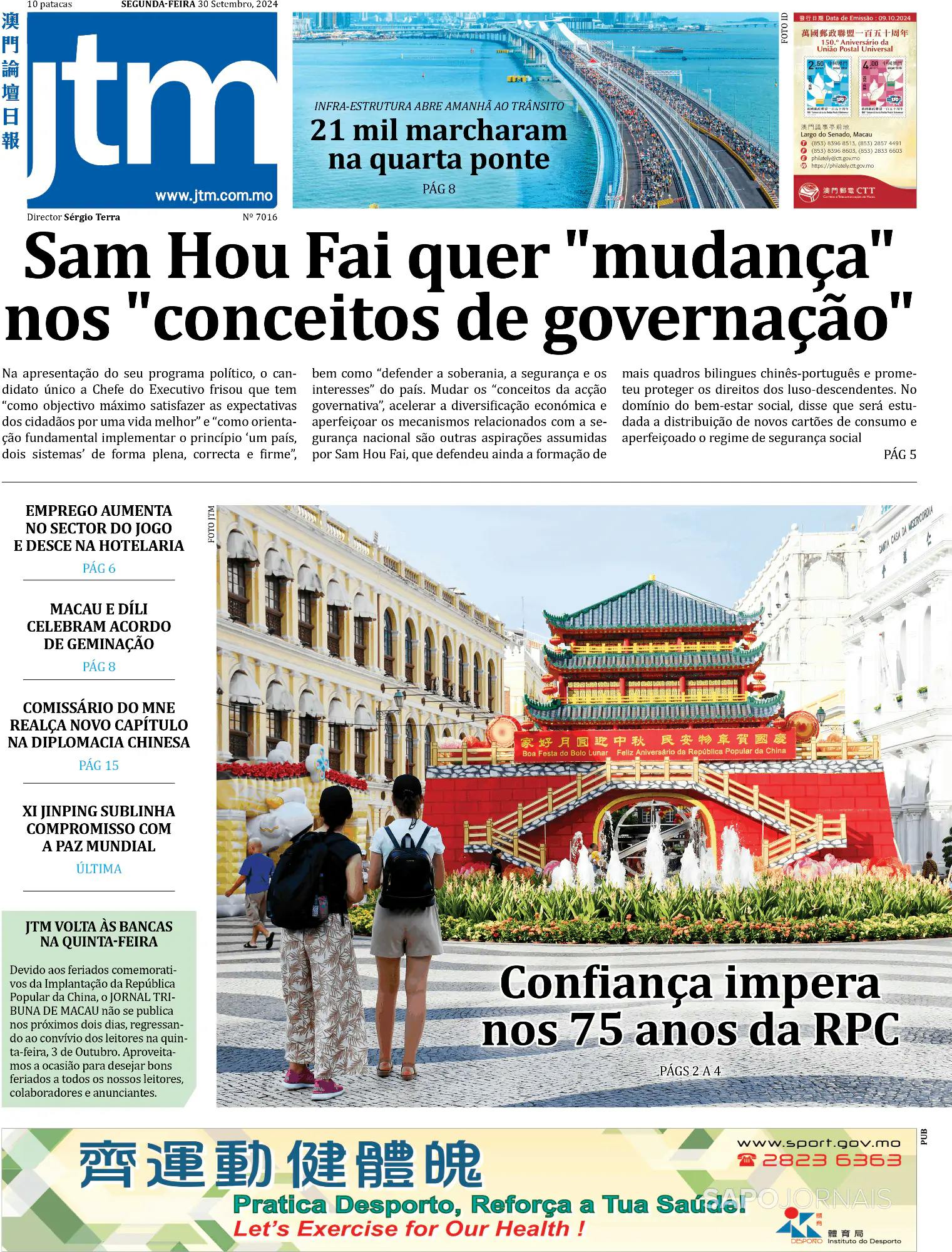 Capa Jornal Tribuna de Macau