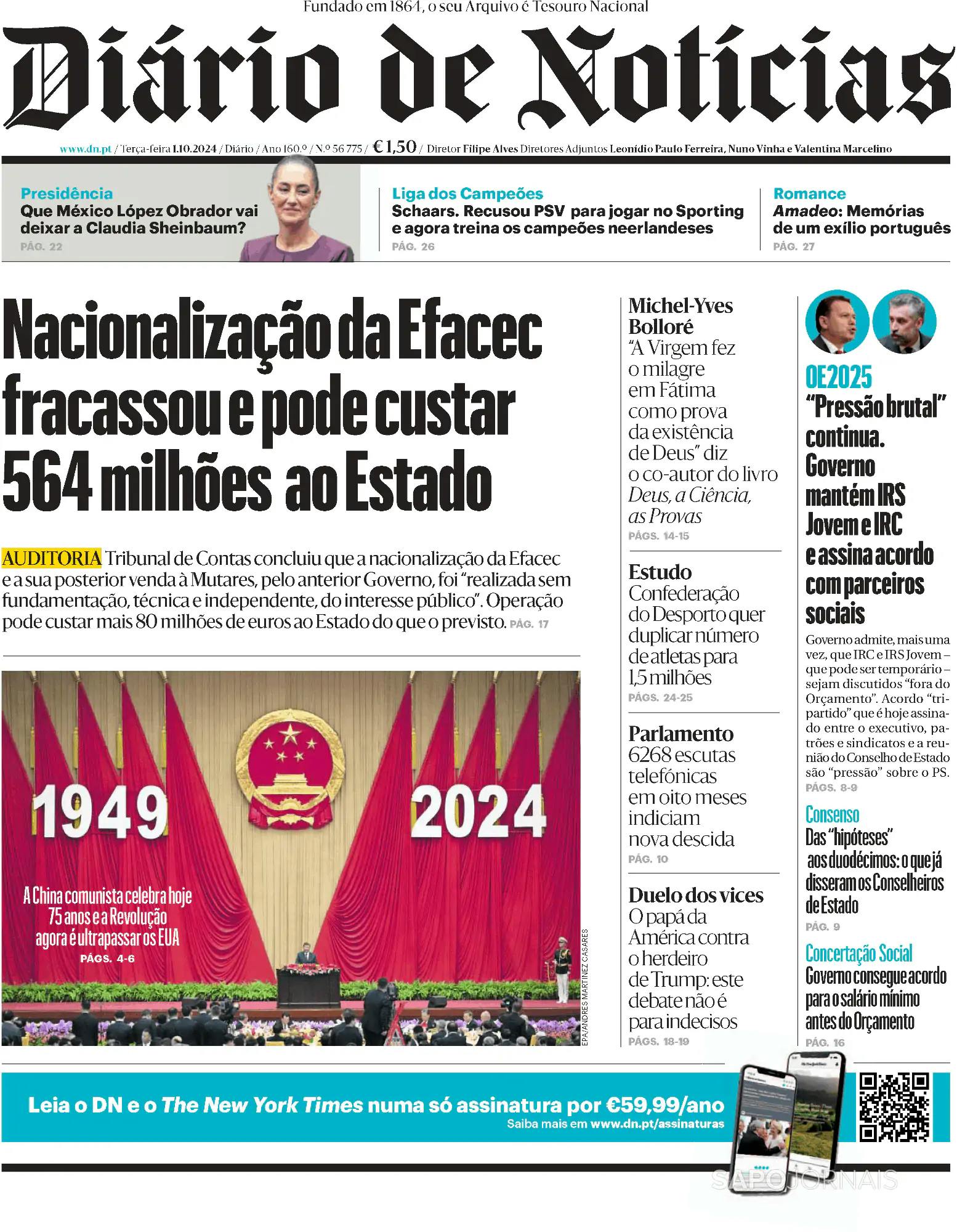 Capa Diário de Notícias