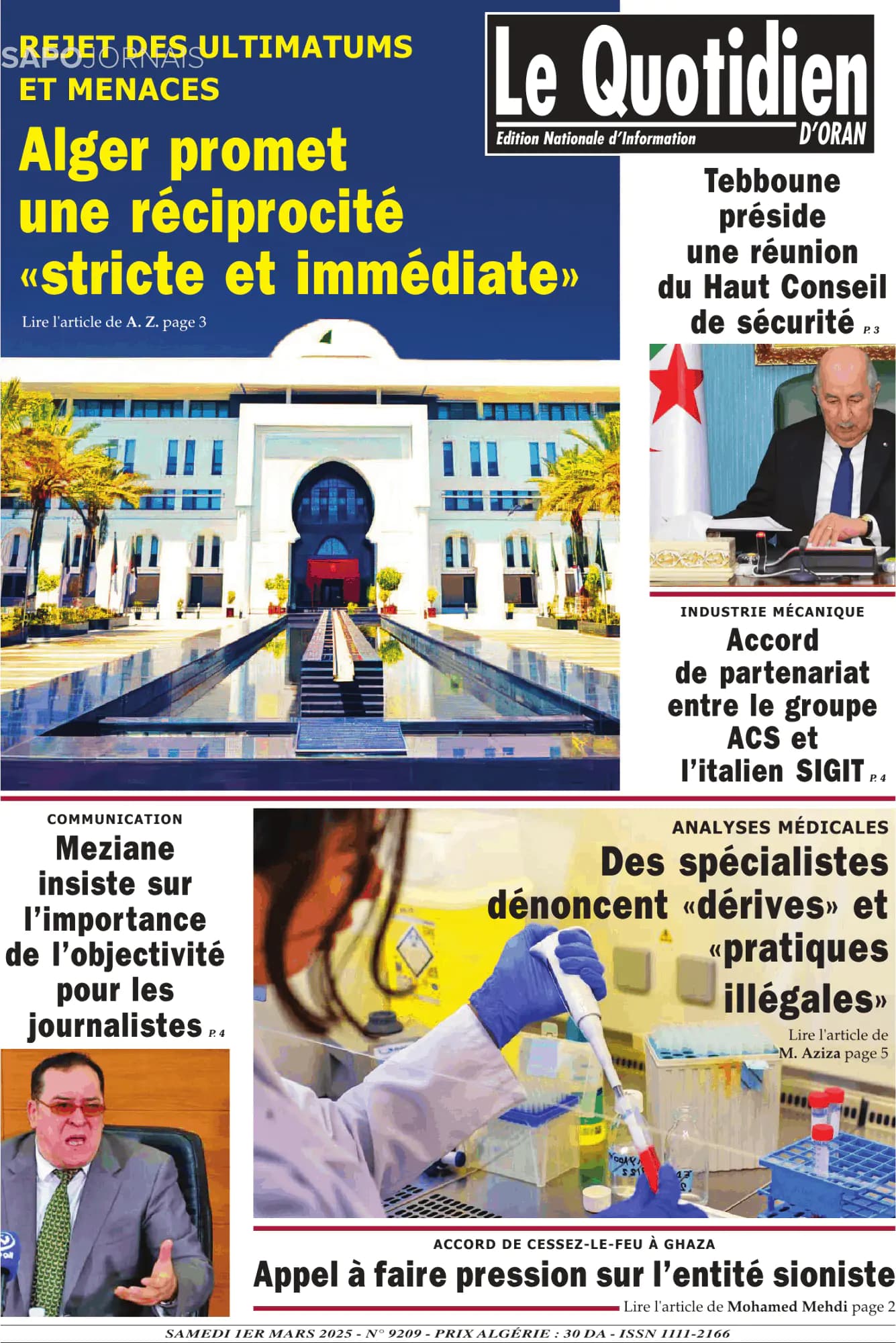 Capa Le Quotidien D’Oran