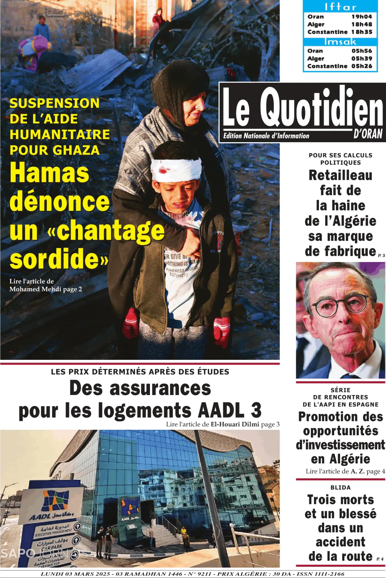 Capa Le Quotidien D’Oran