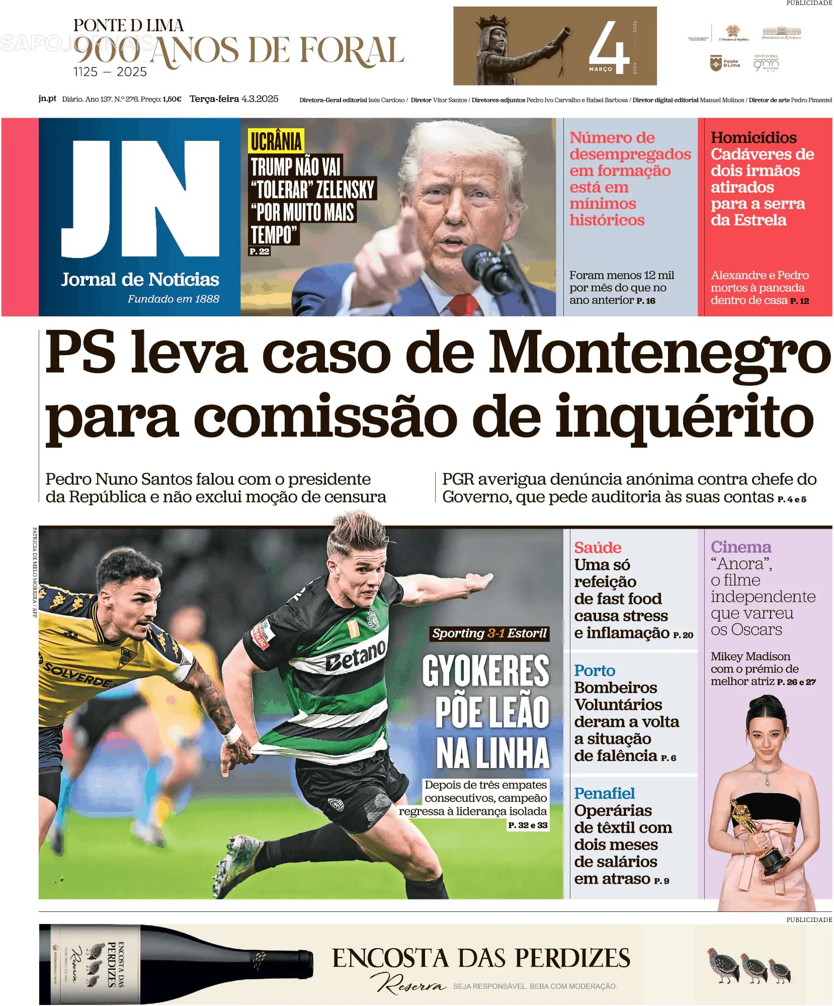 Capa Jornal de Notícias