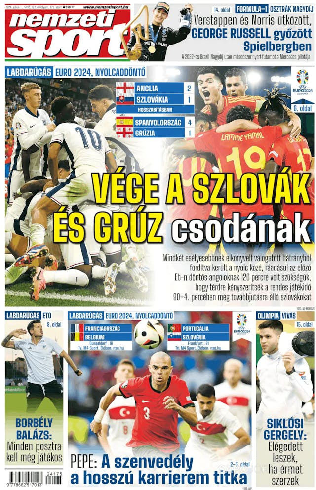 Capa jornal Nemzeti Sport 2024-07-01
