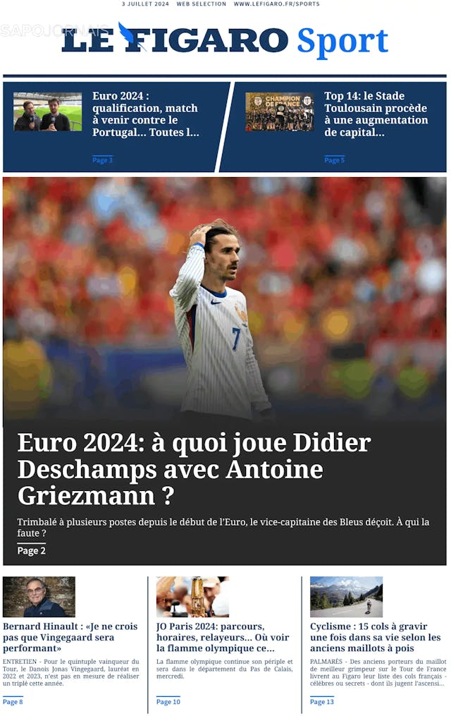 Capa jornal Le Figaro Sport 2024-07-03
