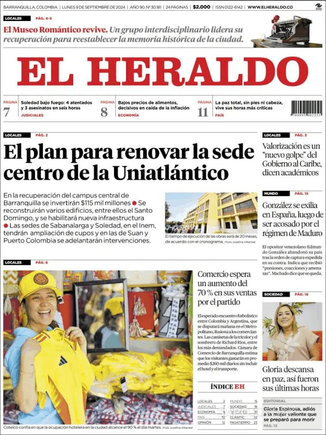 Capa jornal El Heraldo 2024-09-09