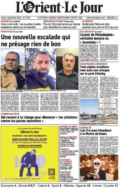 Capa jornal L'orient le jour 2024-09-09