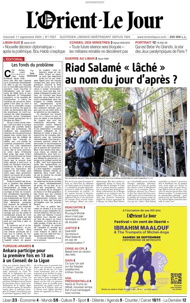 Capa jornal L'orient le jour 2024-09-11