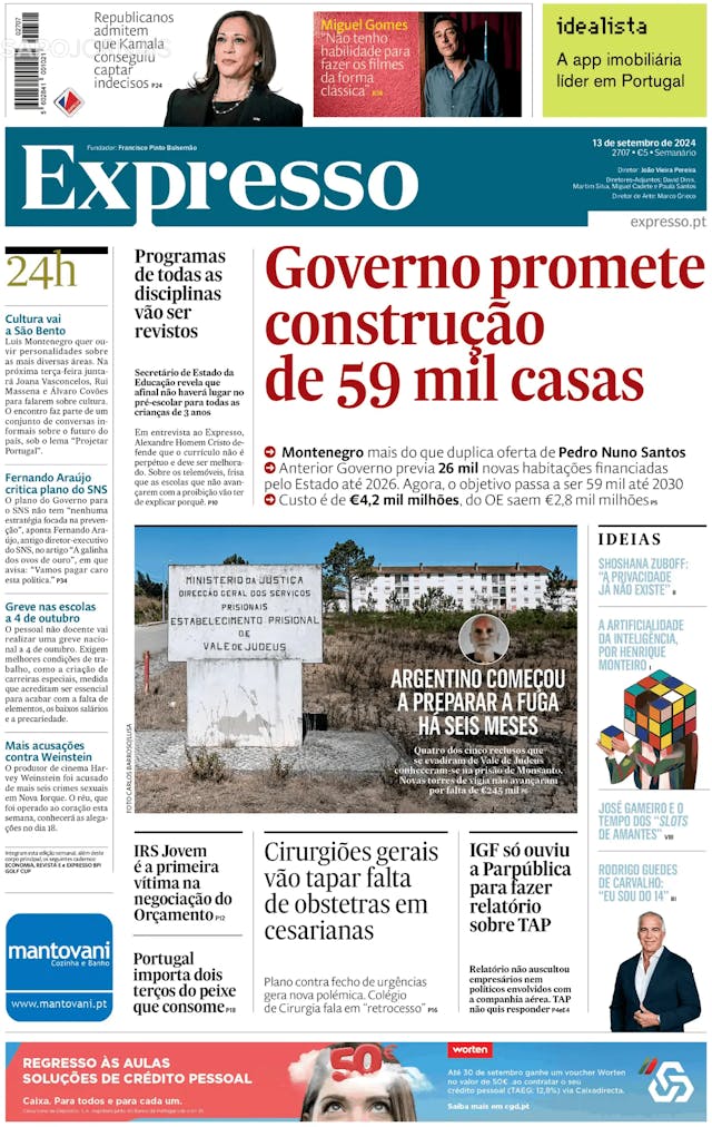 Capa jornal Expresso 2024-09-13