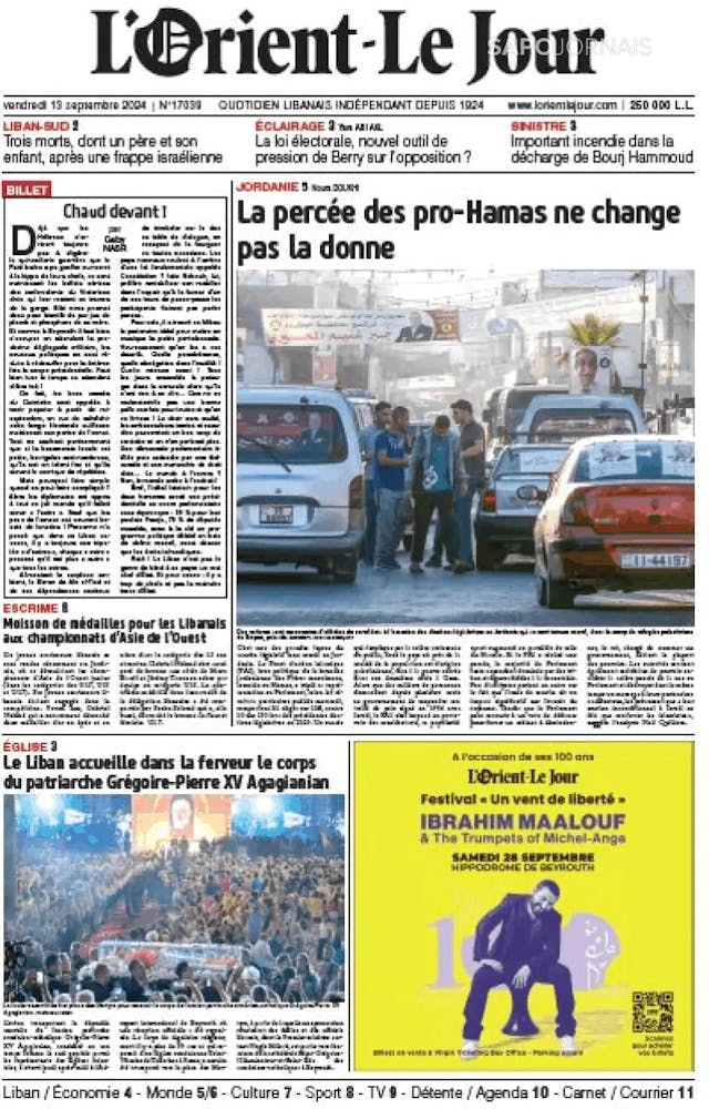 Capa jornal L'orient le jour 2024-09-13