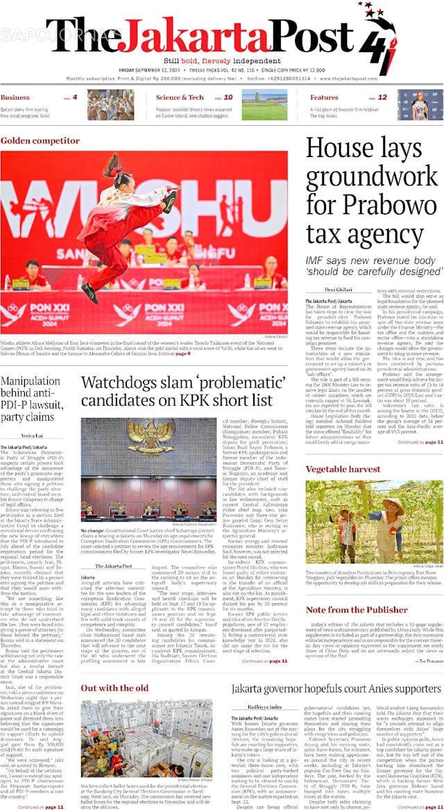 Capa jornal The Jakarta Post 2024-09-13