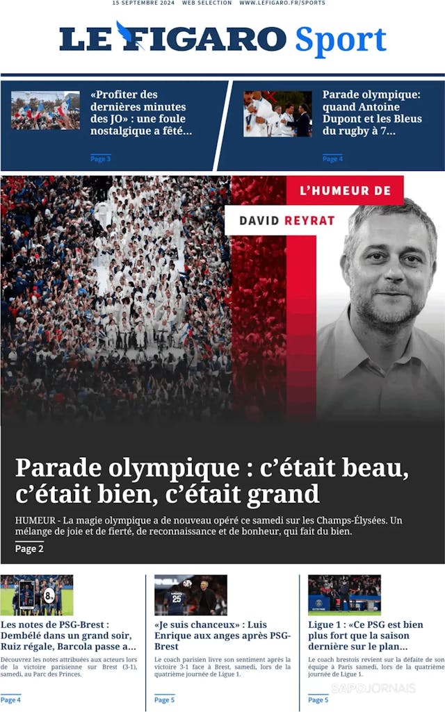 Capa jornal Le Figaro Sport 2024-09-15