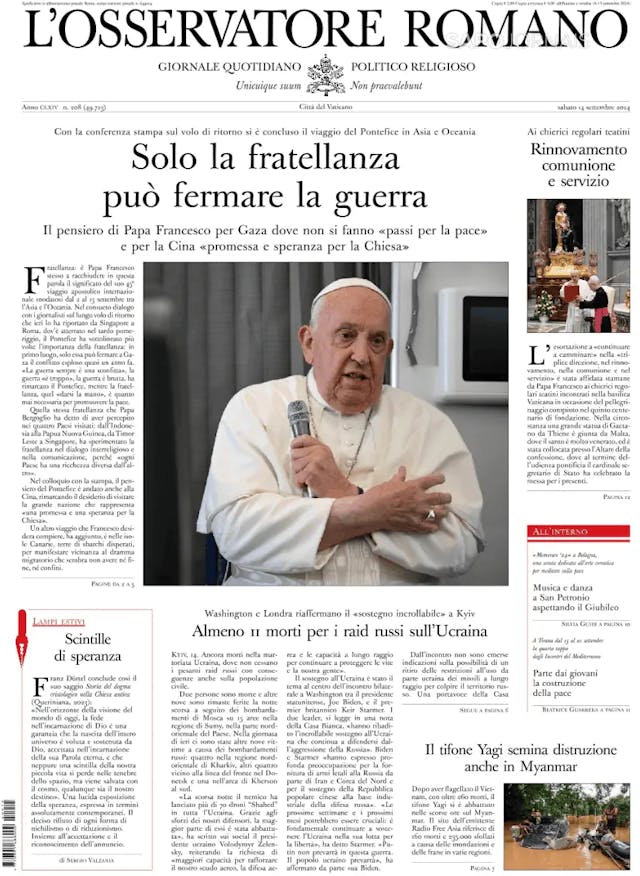 Capa jornal L'Osservatore Romano 2024-09-14