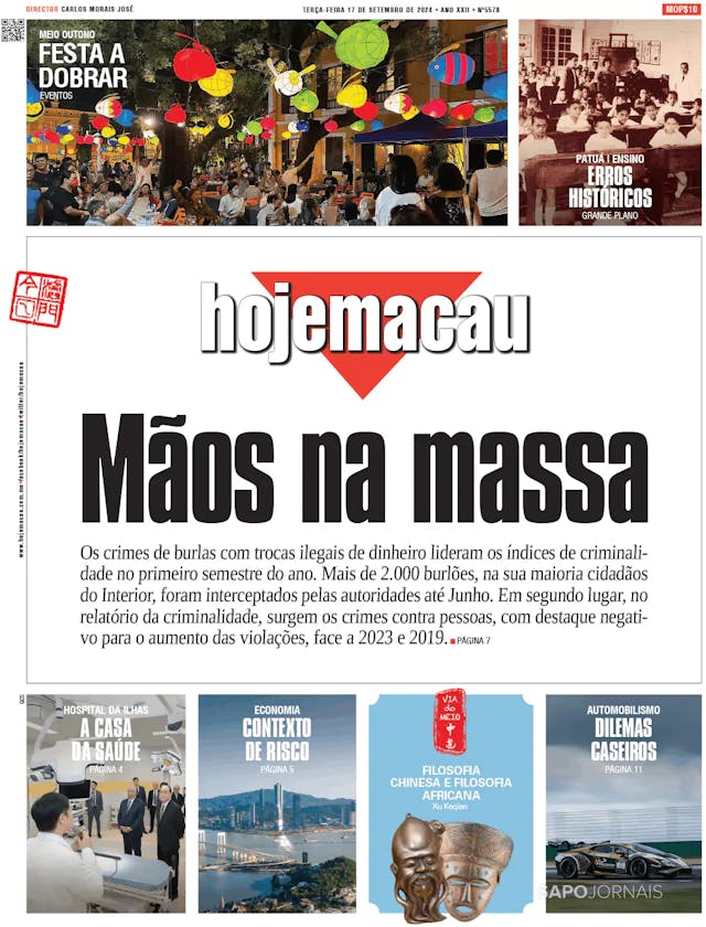 Capa jornal Hoje Macau 2024-09-17