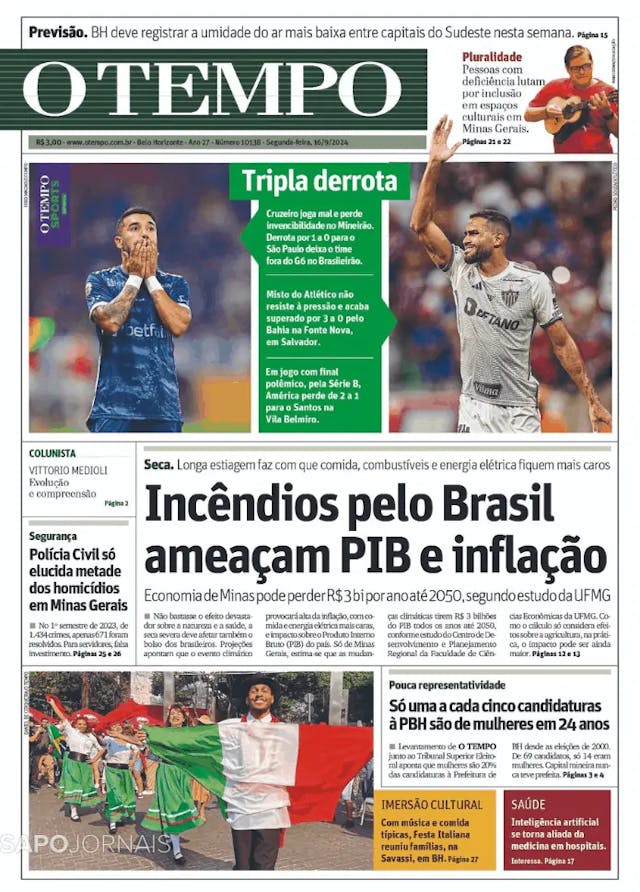 Capa jornal O Tempo 2024-09-16