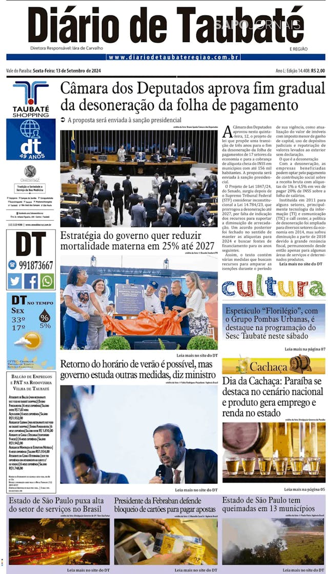 Capa jornal Diário de Taubaté 2024-09-13