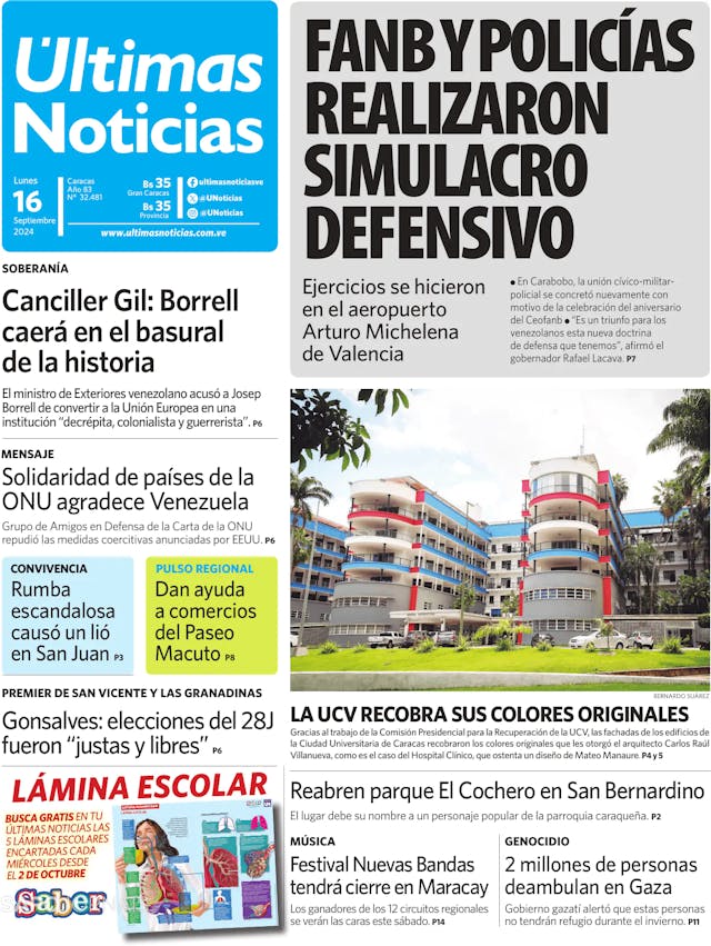 Capa jornal Últimas Noticias 2024-09-16