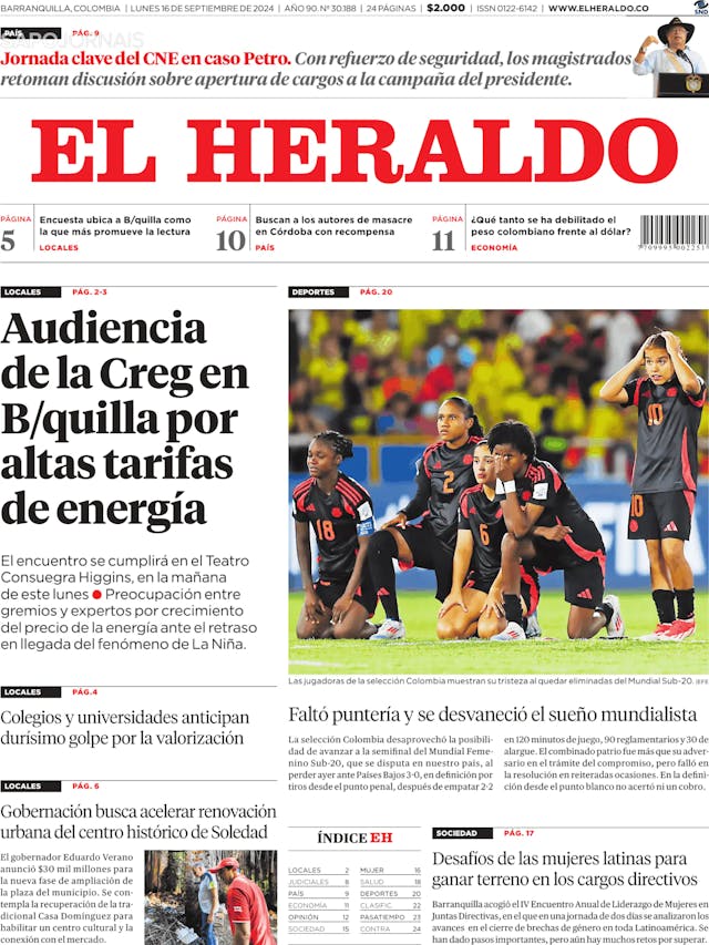 Capa jornal El Heraldo 2024-09-16