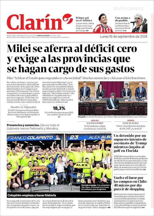 Capa jornal Clarín 2024-09-16