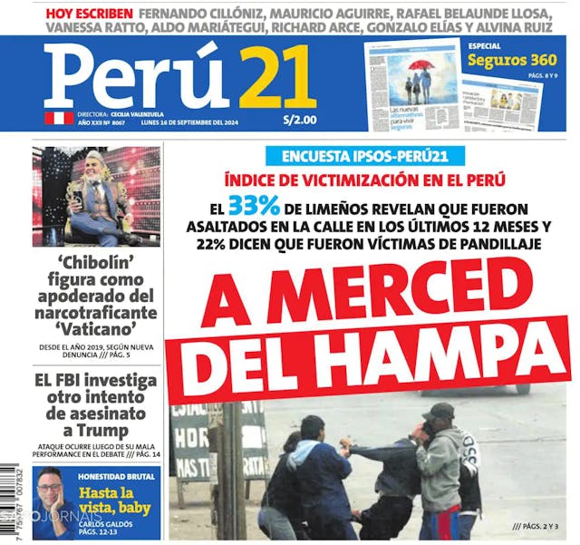 Capa jornal Perú 21 2024-09-16