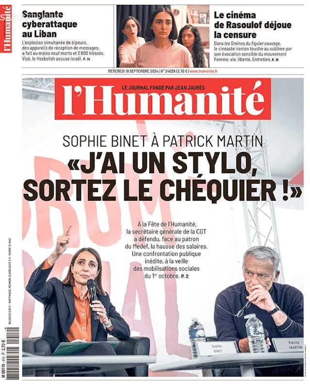 Capa jornal L'Humanité 2024-09-18