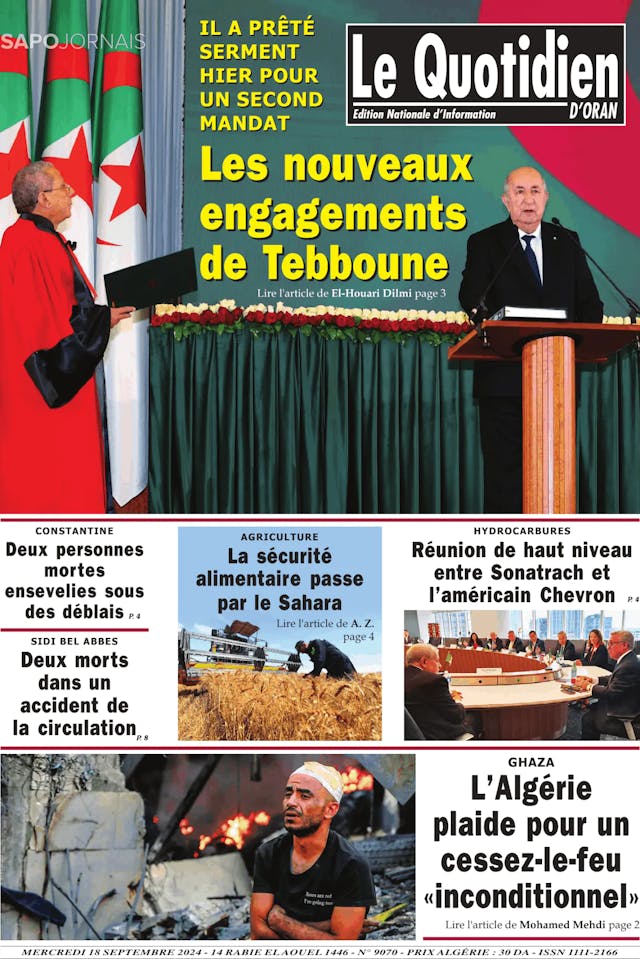 Capa jornal Le Quotidien D’Oran 2024-09-18