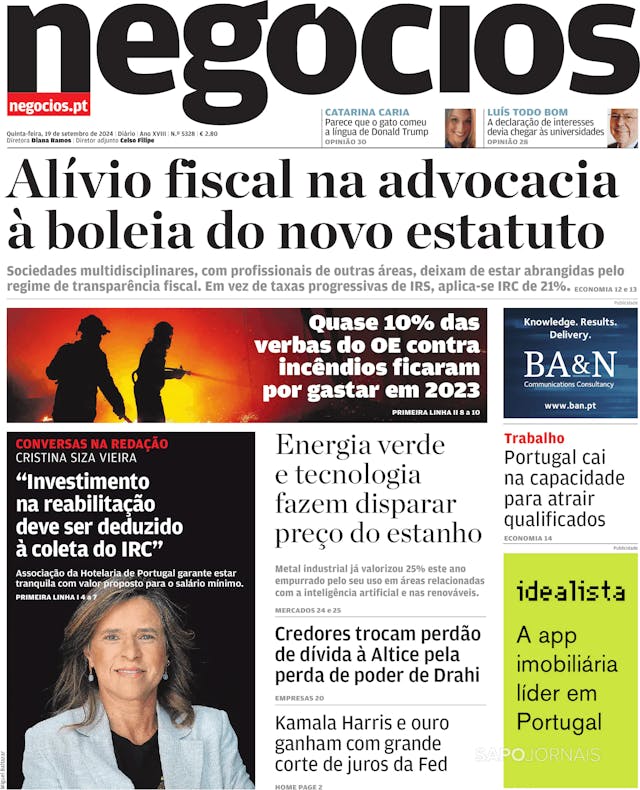 Capa jornal Jornal de Negócios 2024-09-19