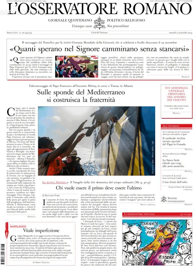 Capa jornal L'Osservatore Romano 2024-09-18