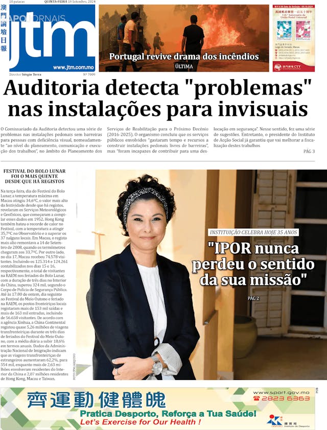 Capa jornal Jornal Tribuna de Macau 2024-09-19