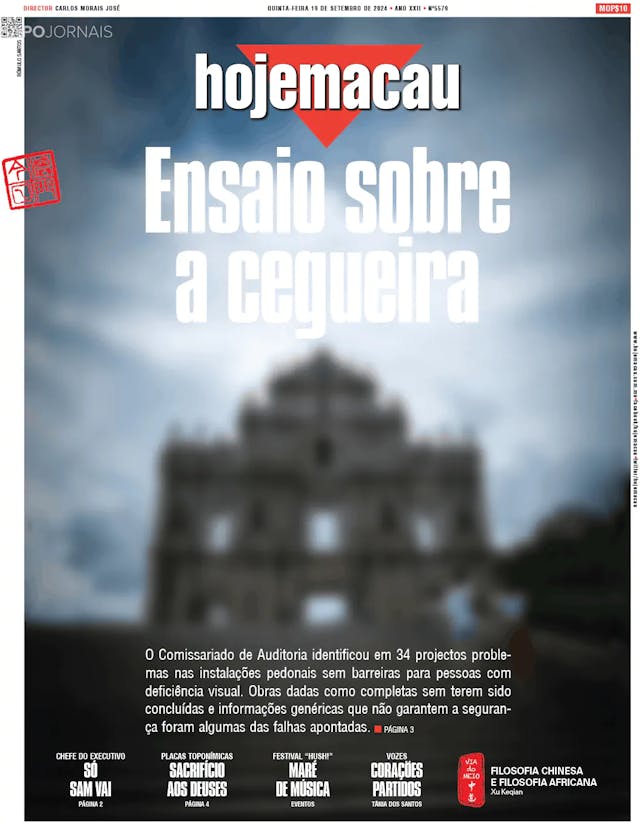 Capa jornal Hoje Macau 2024-09-19