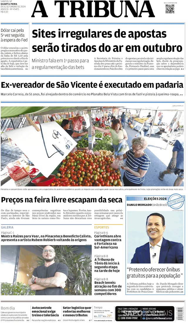 Capa jornal A Tribuna de Santos 2024-09-18