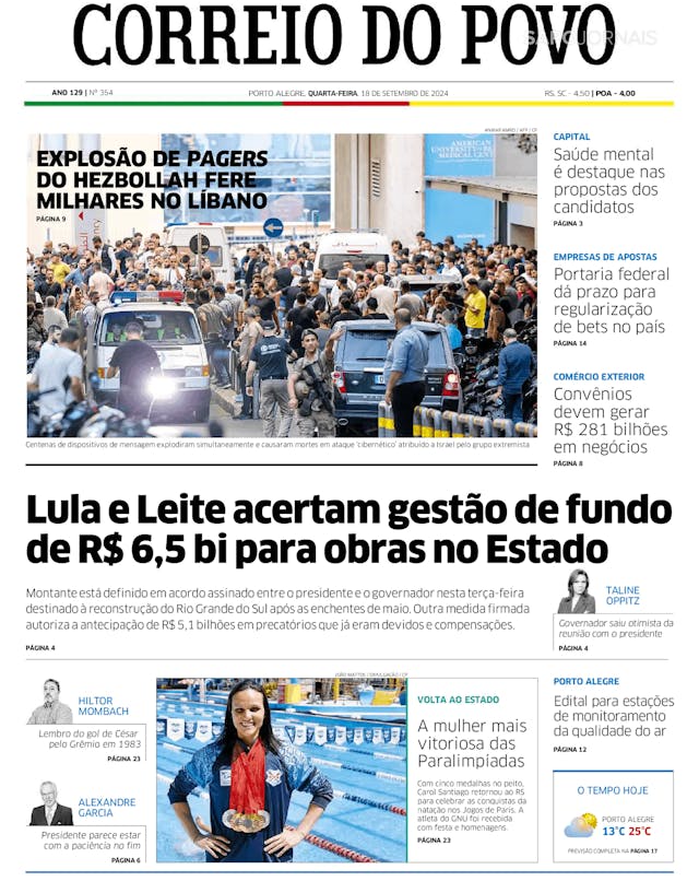 Capa jornal Correio do Povo 2024-09-18