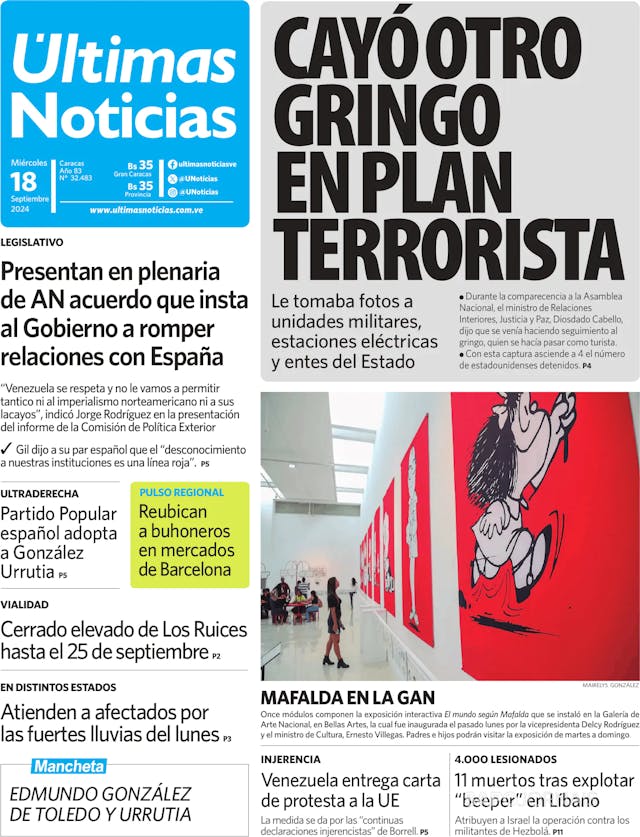 Capa jornal Últimas Noticias 2024-09-18