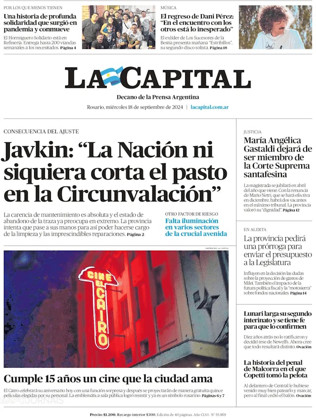 Capa jornal La Capital 2024-09-18