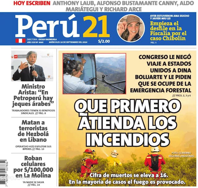 Capa jornal Perú 21 2024-09-18