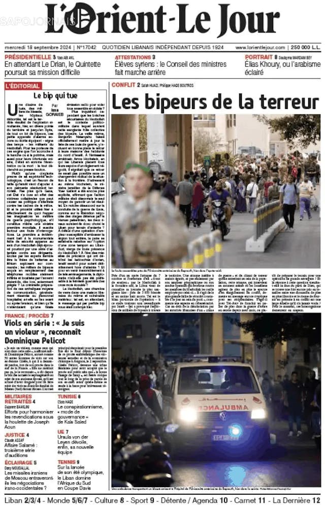 Capa jornal L'orient le jour 2024-09-18