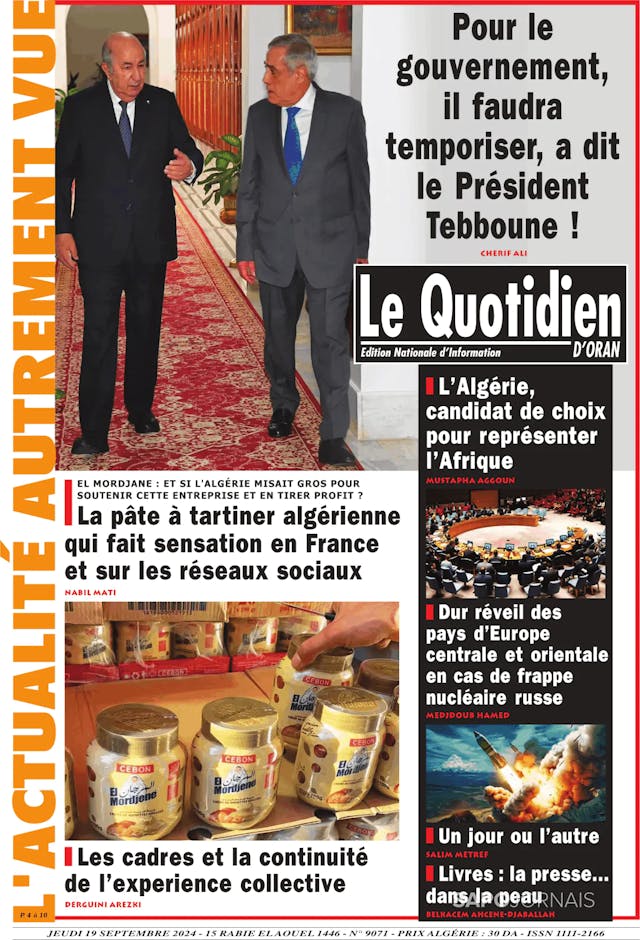 Capa jornal Le Quotidien D’Oran 2024-09-19