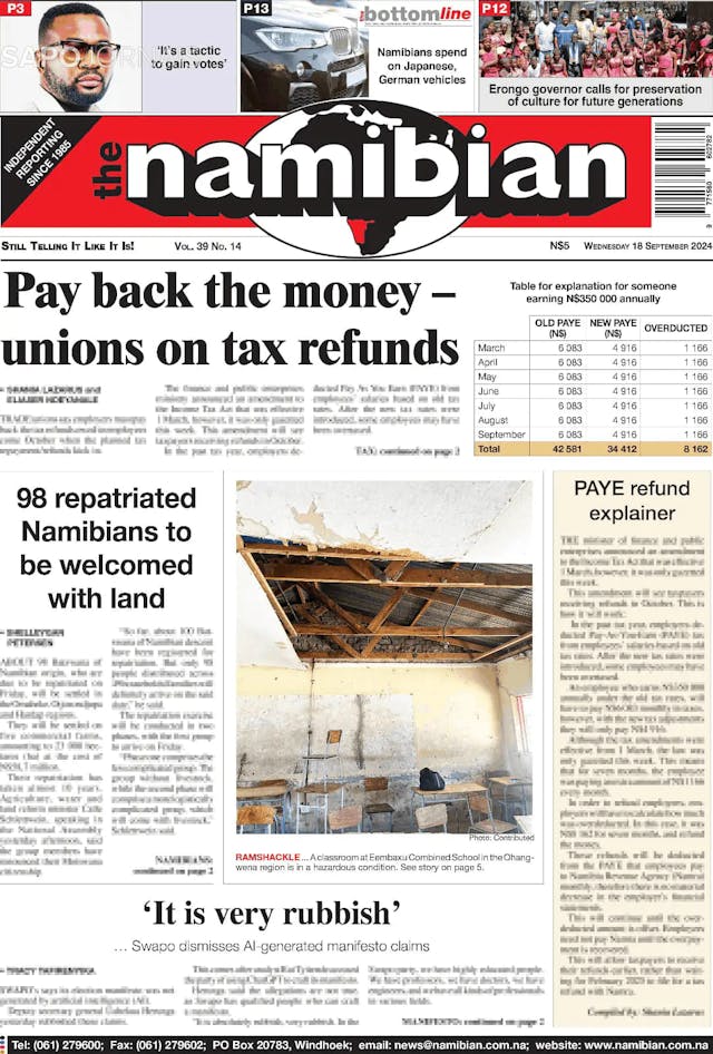 Capa jornal The Namibian 2024-09-18