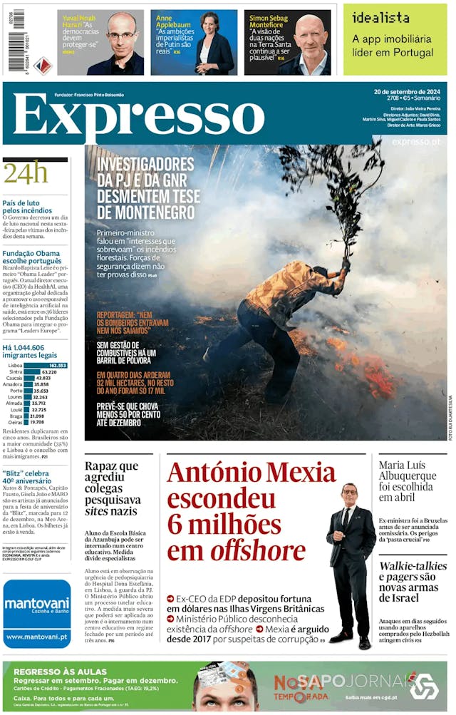 Capa jornal Expresso 2024-09-20