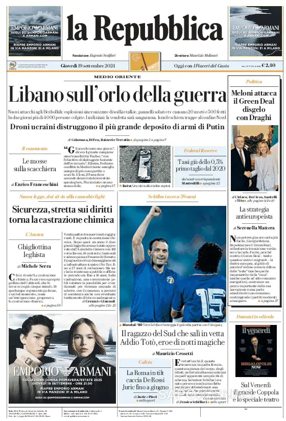 Capa jornal La Repubblica 2024-09-19