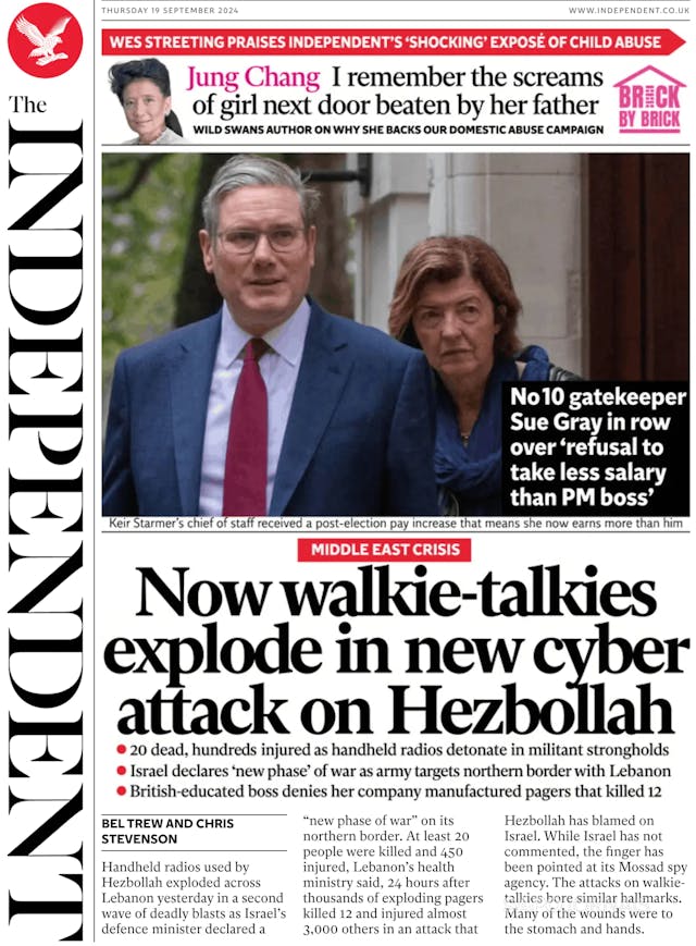 Capa jornal The Independent 2024-09-19