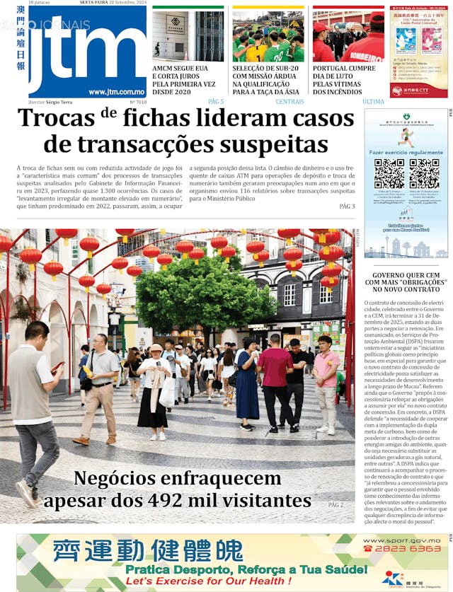 Capa jornal Jornal Tribuna de Macau 2024-09-20