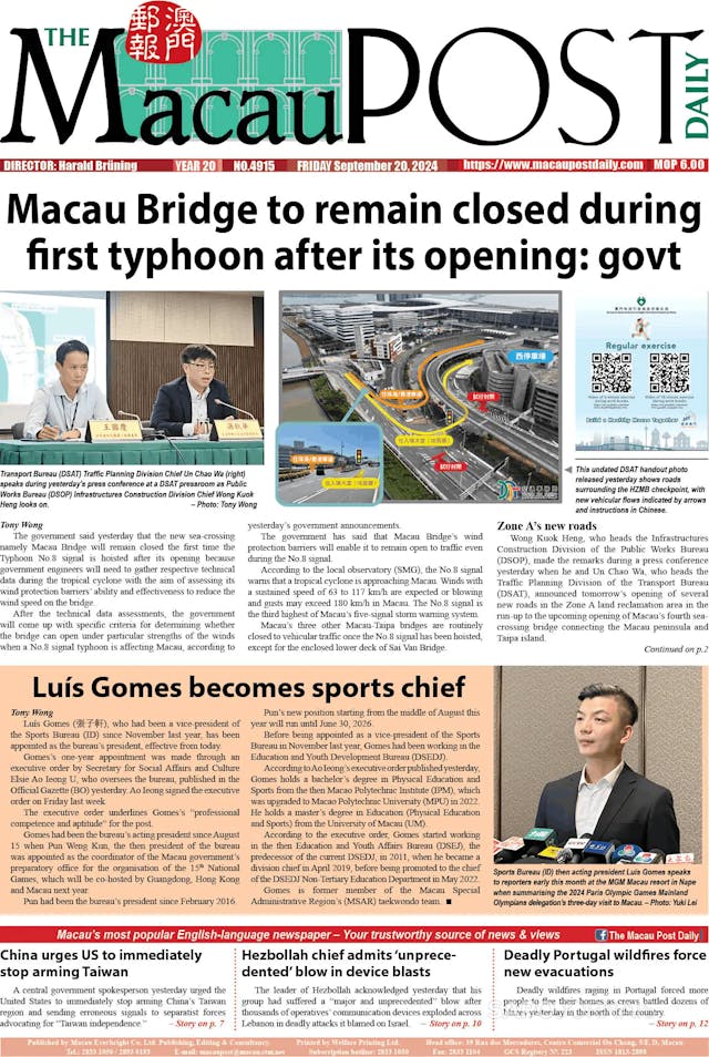 Capa jornal The Macau Post Daily 2024-09-20