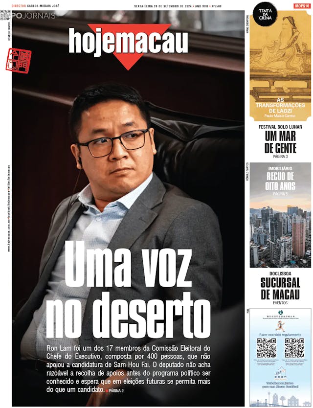 Capa jornal Hoje Macau 2024-09-20