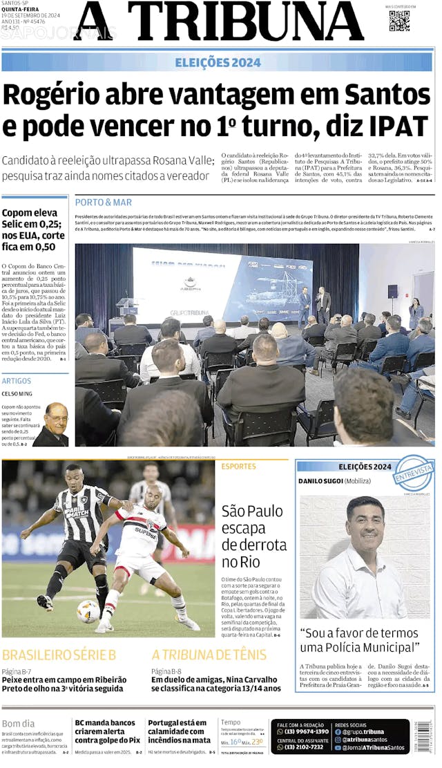 Capa jornal A Tribuna de Santos 2024-09-19