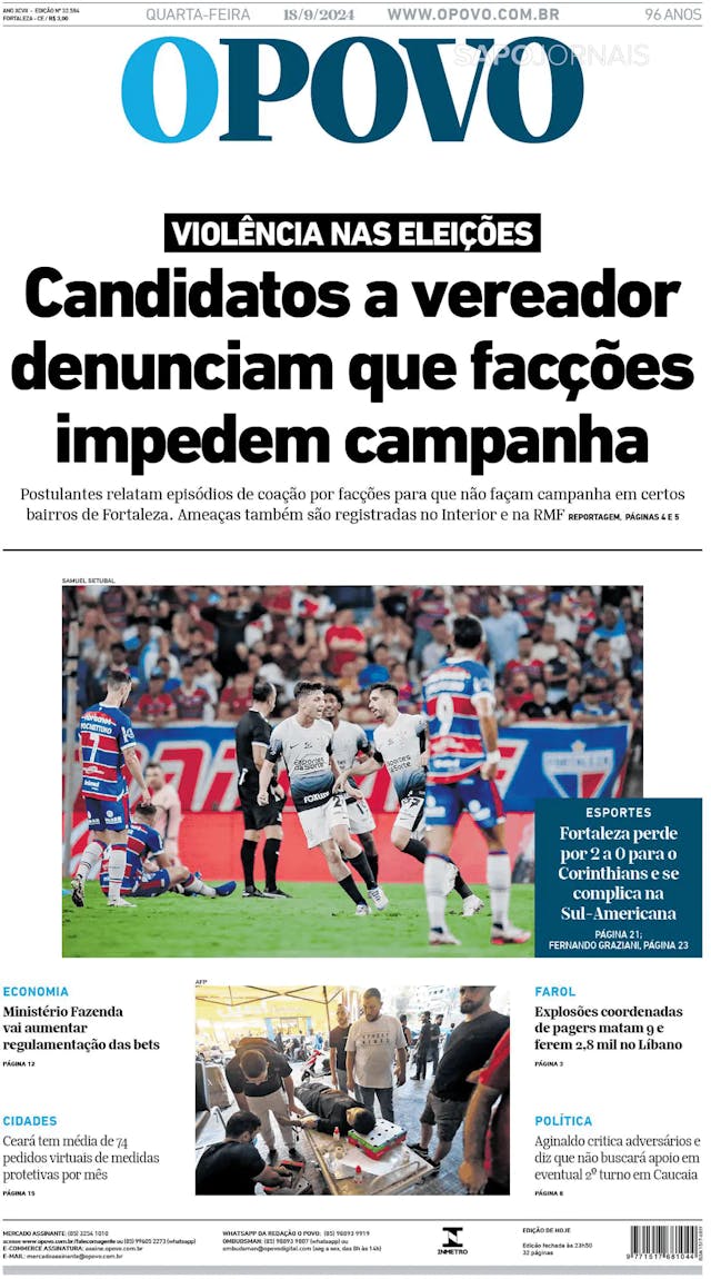 Capa jornal O Povo 2024-09-18