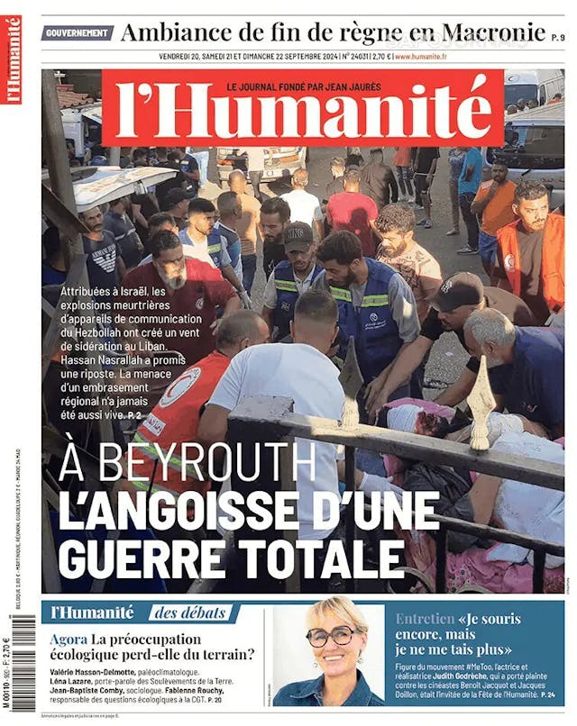 Capa jornal L'Humanité 2024-09-20