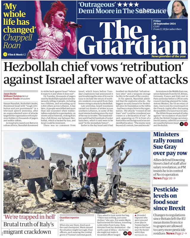 Capa jornal The Guardian 2024-09-20