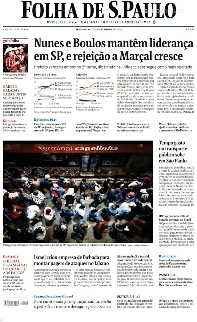 Capa jornal Folha de S. Paulo 2024-09-20