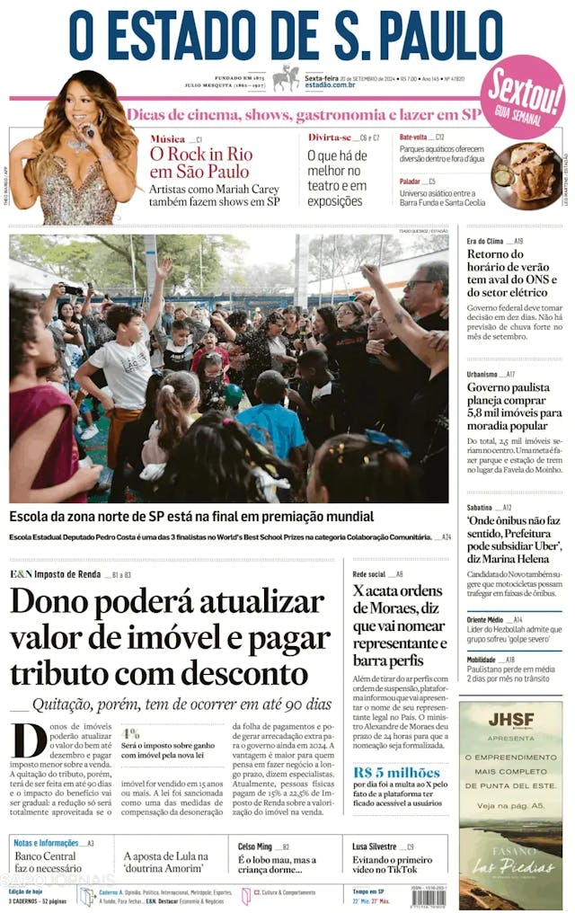 Capa jornal O Estado de S. Paulo 2024-09-20