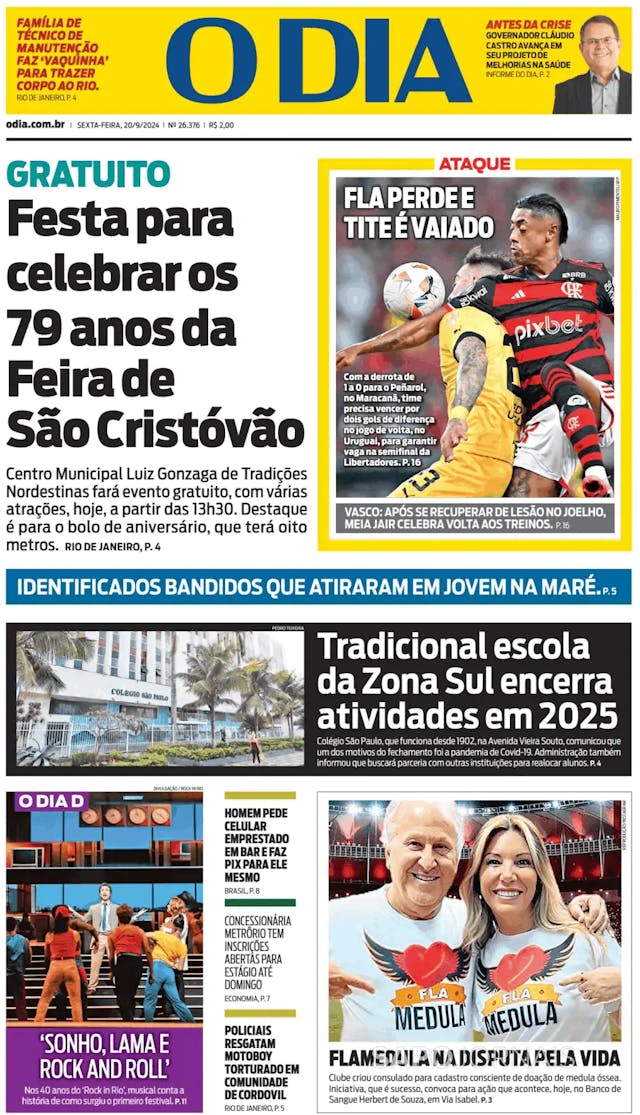 Capa jornal O Dia 2024-09-20